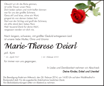 Traueranzeige von Marie-Therese Deierl von Pegnitz-Zeitung